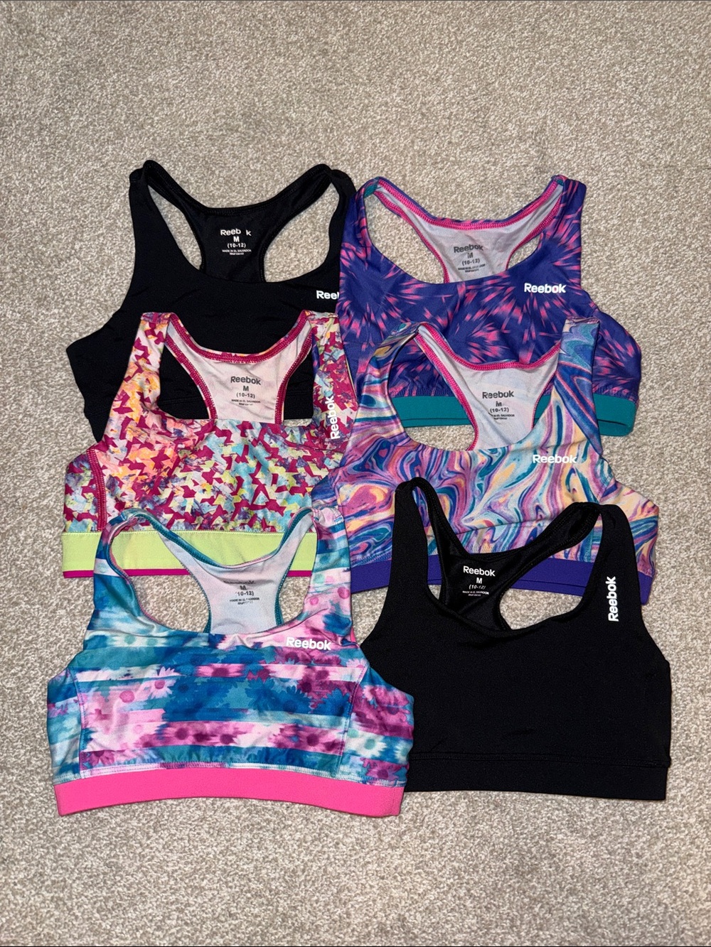 Reebok GIRLS Sports Bra Bundle of 6 - Black, Pink, Blue, Purple, Teal